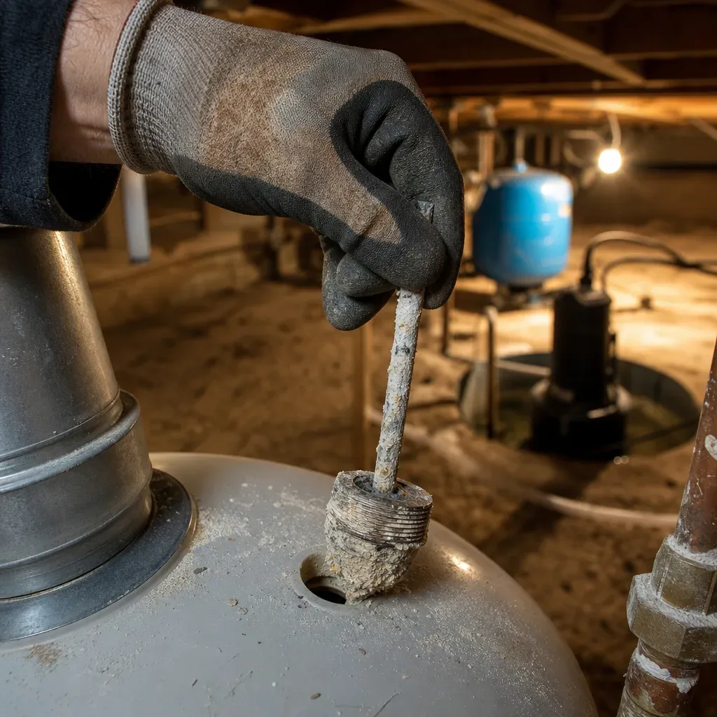 anode-rod-well-water-heater-sandy-latourette-park-crawlspace Anode rod removal from well-water heater in Sandy home near Latourette Park