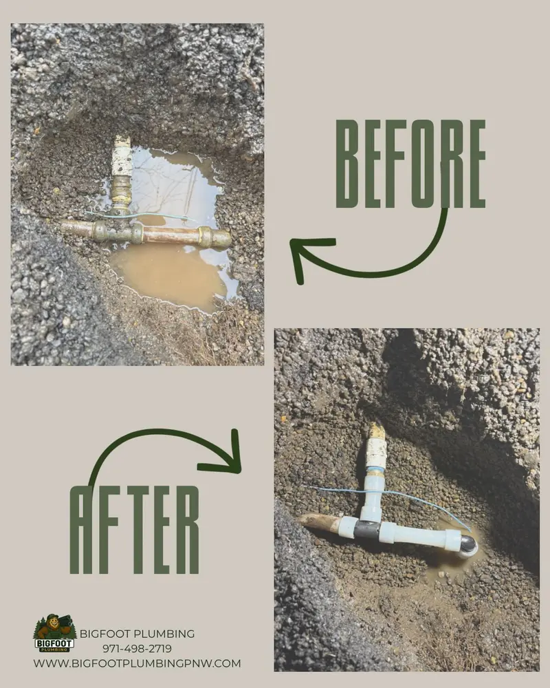 Before and after underground water line leak repair in Boring, Oregon — emergency leak detection and pipe repair by Bigfoot Plumbing
