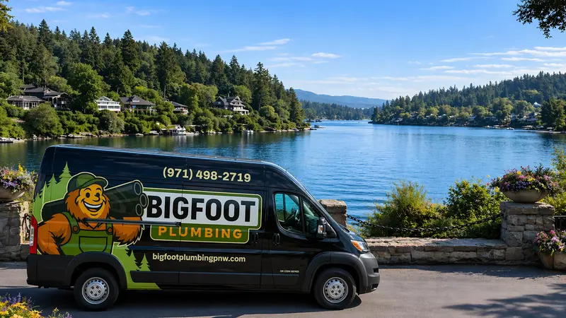 Bigfoot Plumbing van parked along a Pacific Northwest lakeside — trusted local plumber serving Sandy, Boring, Gresham and the greater Portland metro area