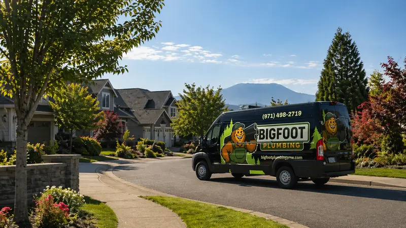 Bigfoot Plumbing service van driving through a Sandy, Oregon neighborhood with Mt. Hood foothills — local plumber serving Sandy, Boring, and Gresham OR