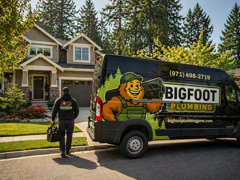 Bigfoot Plumbing service van arriving at a Sandy, Oregon home — local plumber serving Sandy, Boring, and Gresham OR (CCB# 257405)