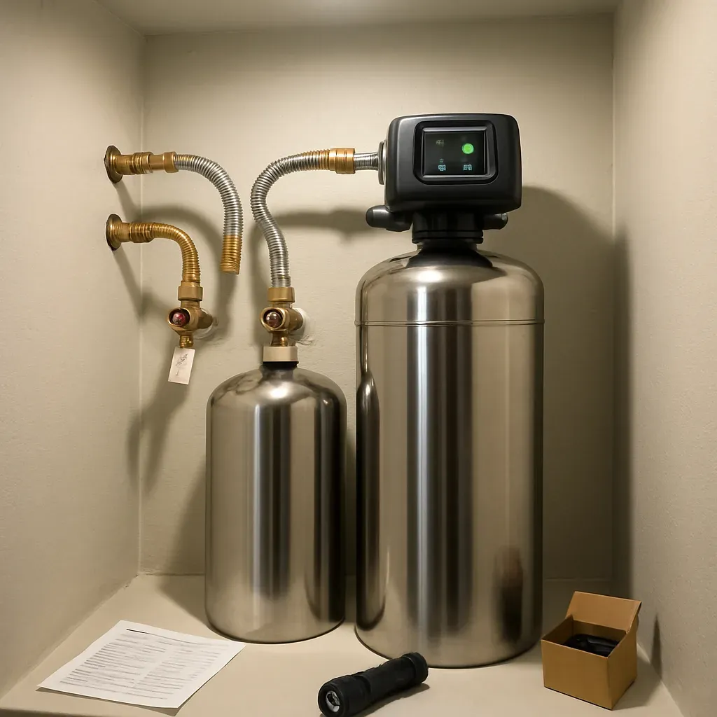 Completed whole-house water filtration system installed in Sandy home utility closet