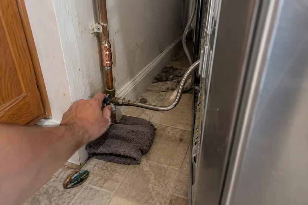 Hand closing a quarter-turn valve next to a repaired copper joint behind a pulled-out Troutdale fridge
