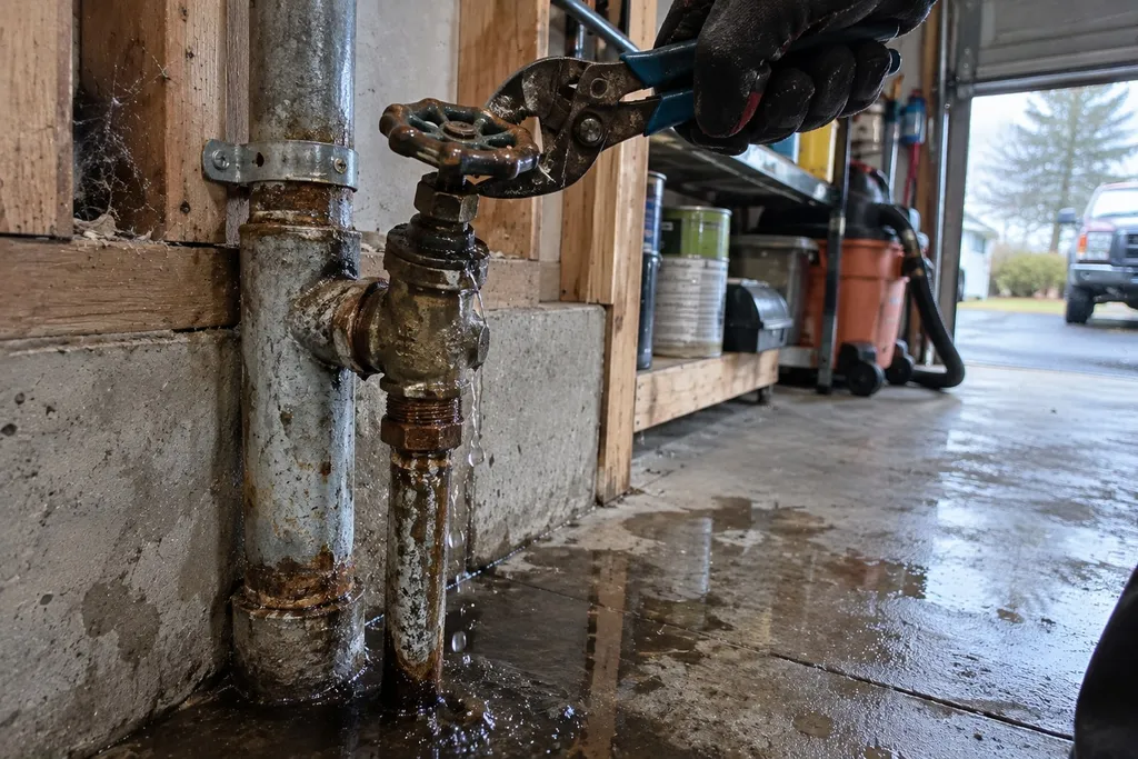 Gloved hand using pliers on a seized, corroded main valve on galvanized pipe in a Troutdale garage