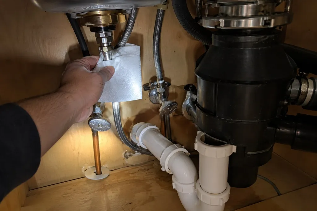 Dry paper towel pressed against faucet supply connections under a sink after repair