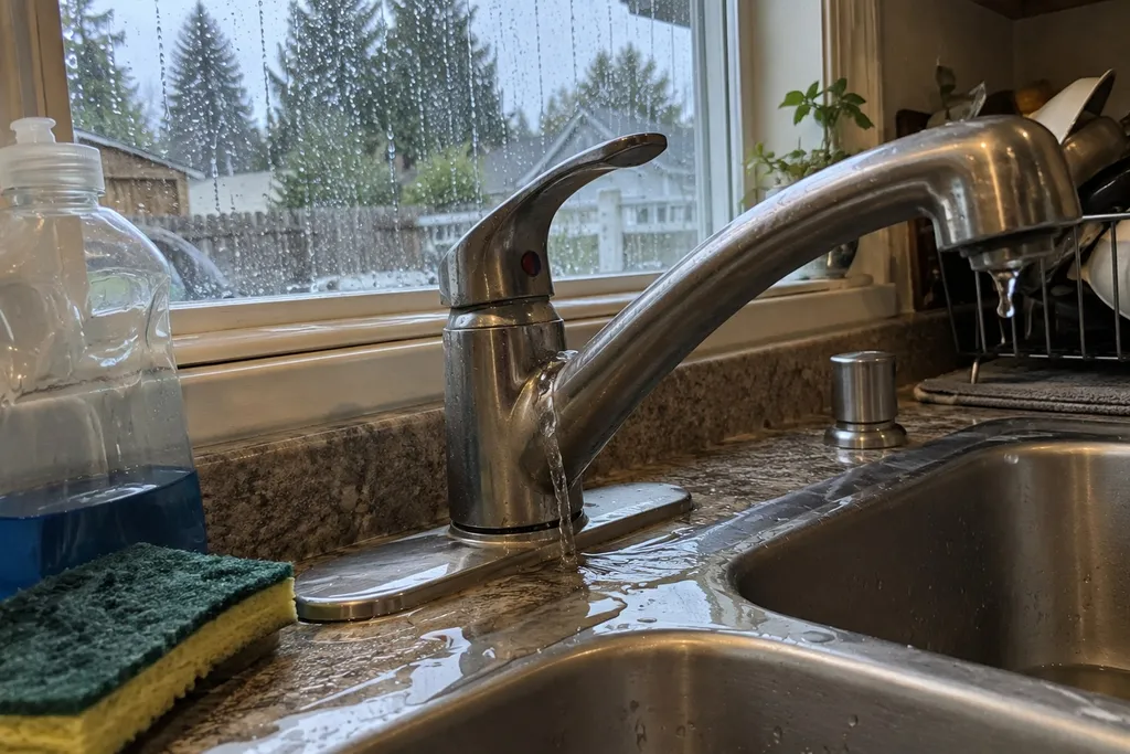 Water seeping from the base of a kitchen faucet spout onto the counter
