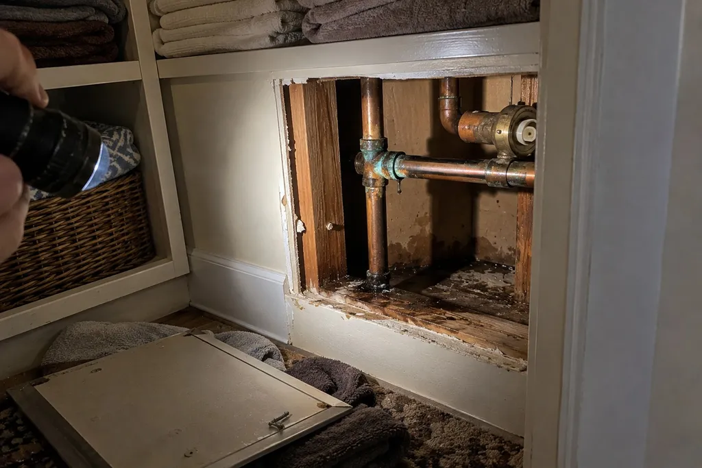 Flashlight on a corroded copper joint seen through a tub access panel in a Troutdale bathroom