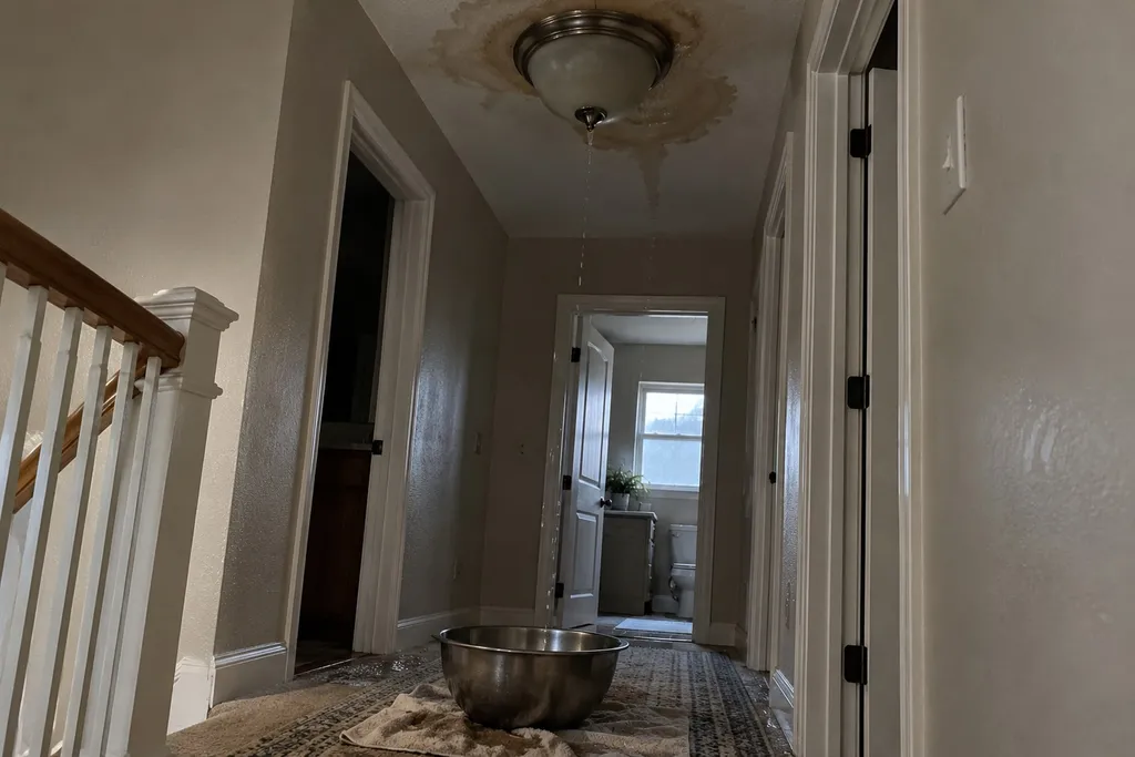 Water dripping from a ceiling light fixture into a bowl in a Troutdale hallway, an urgent leak
