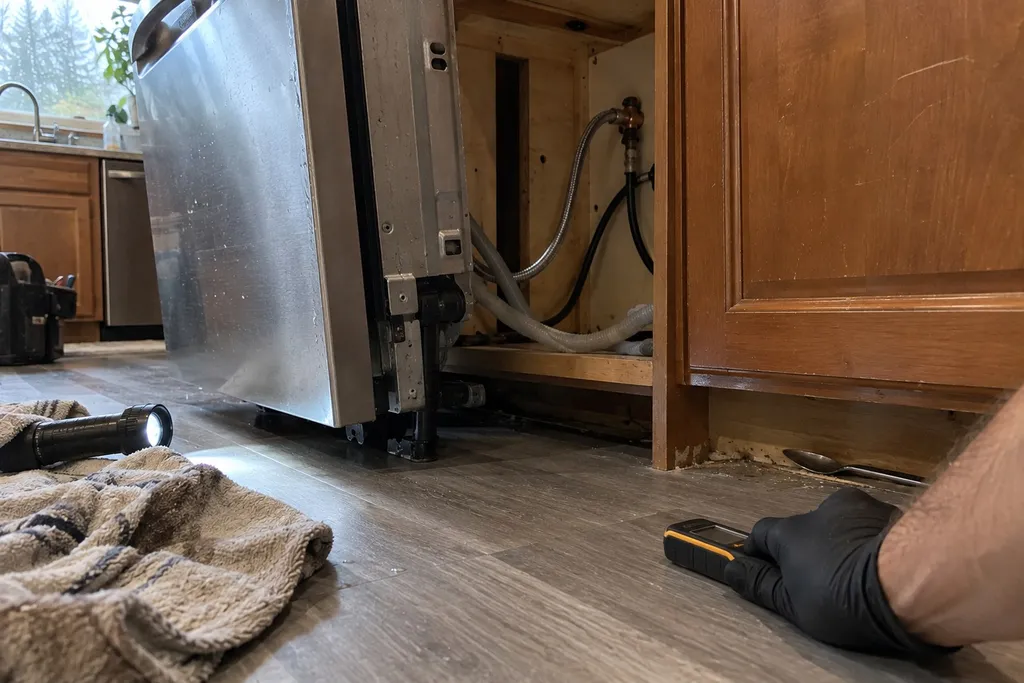 Moisture meter confirming a dry kitchen floor by a pulled-out dishwasher after a Troutdale leak repair