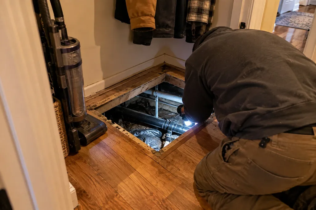 Plumber opening a crawlspace hatch in a hallway closet floor with a flashlight