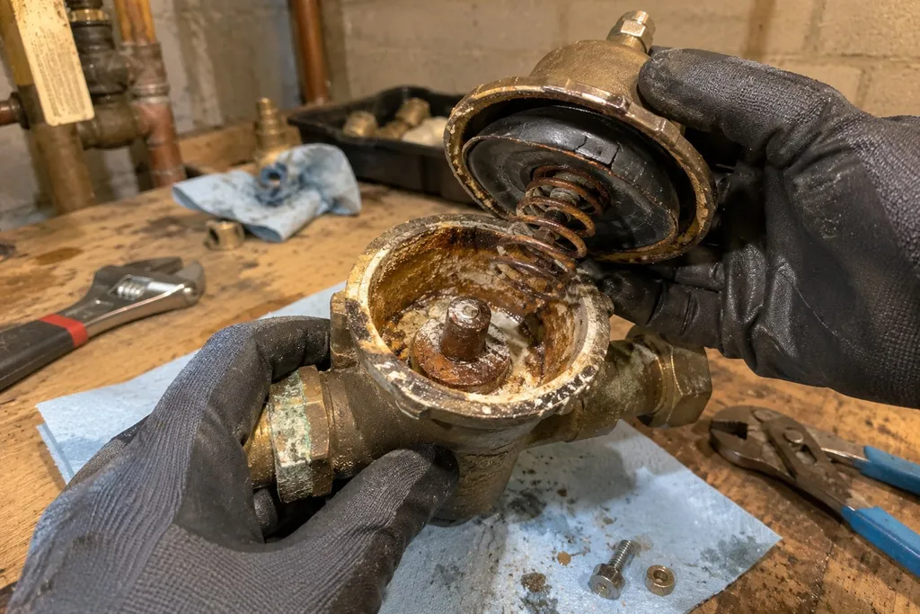 Worn pressure regulator opened up to show its tired spring and stiff rubber diaphragm