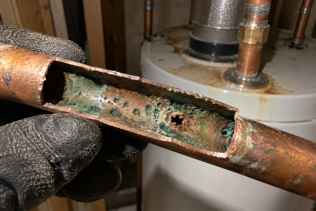 Cutaway copper pipe showing pitted interior corrosion next to a water heater hot line