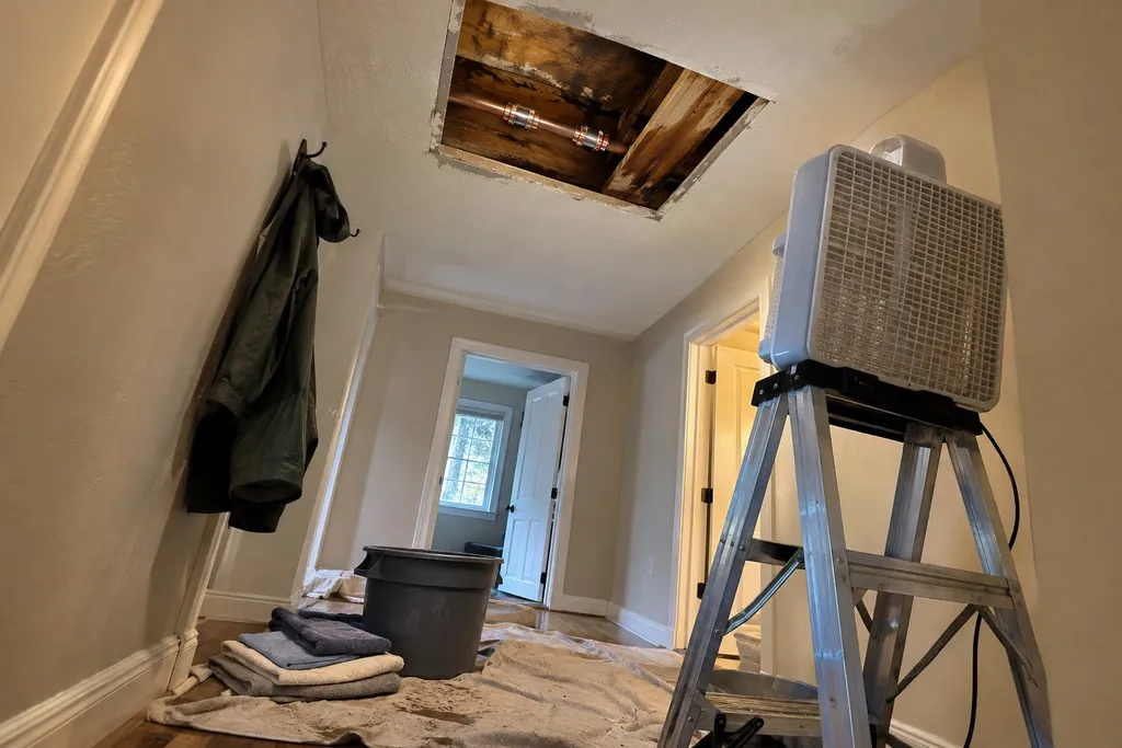 Open hallway ceiling with a repaired copper pipe and a box fan drying the area after a pinhole leak repair