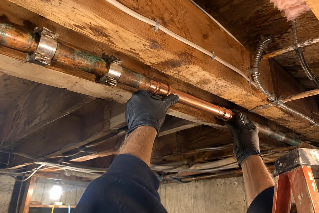 Copper pipe run with old repair clamps as a plumber fits a new section