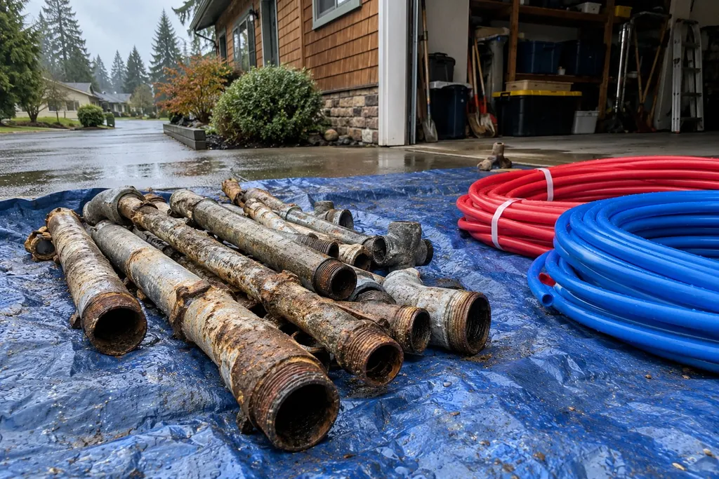 pipe-replacement-troutdale Removed old galvanized pipe on a tarp beside new PEX coils at a Troutdale, Oregon home