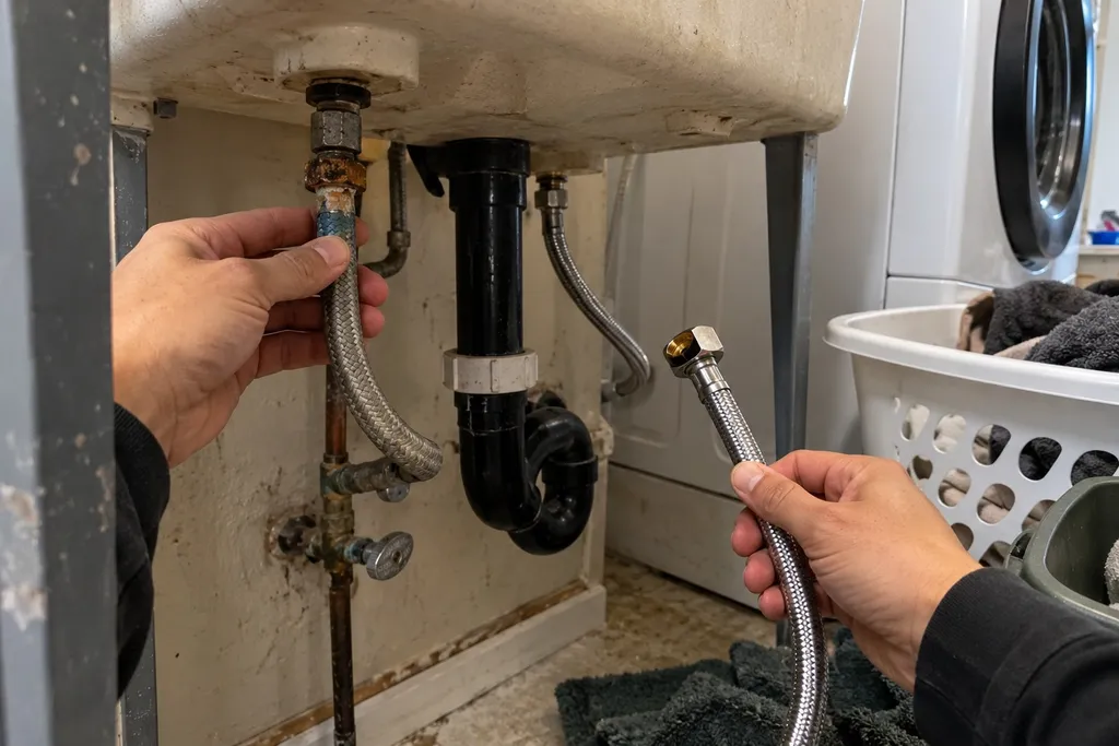 pipe-replacement-repair-instead Hands swapping a bulging old braided supply line under a utility sink