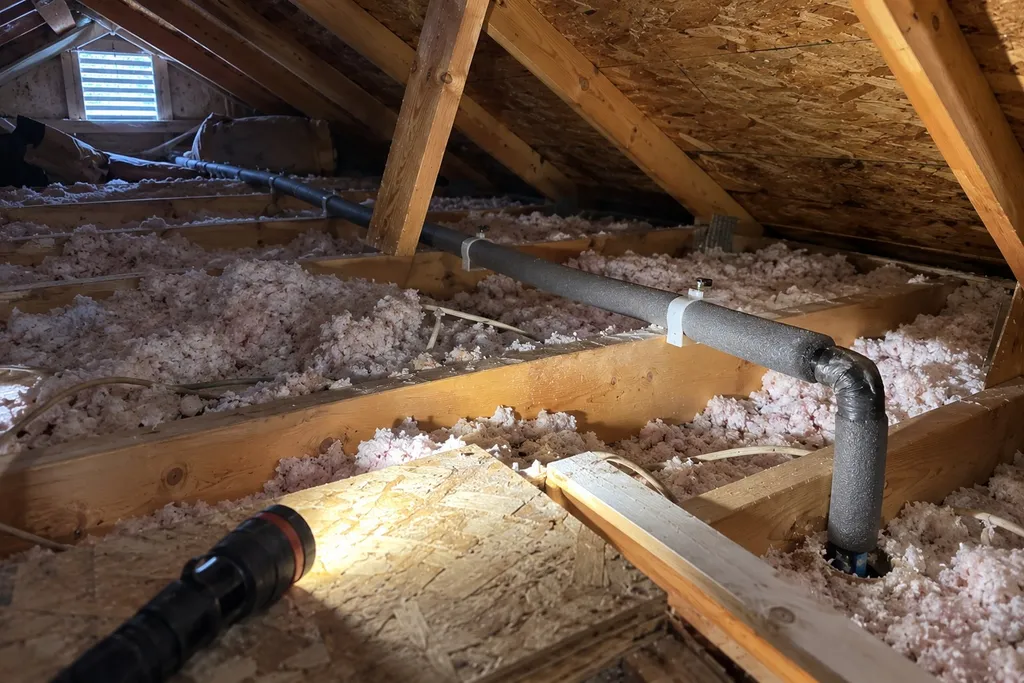 pipe-rerouting-job-process New insulated water line run across attic joists during a pipe reroute