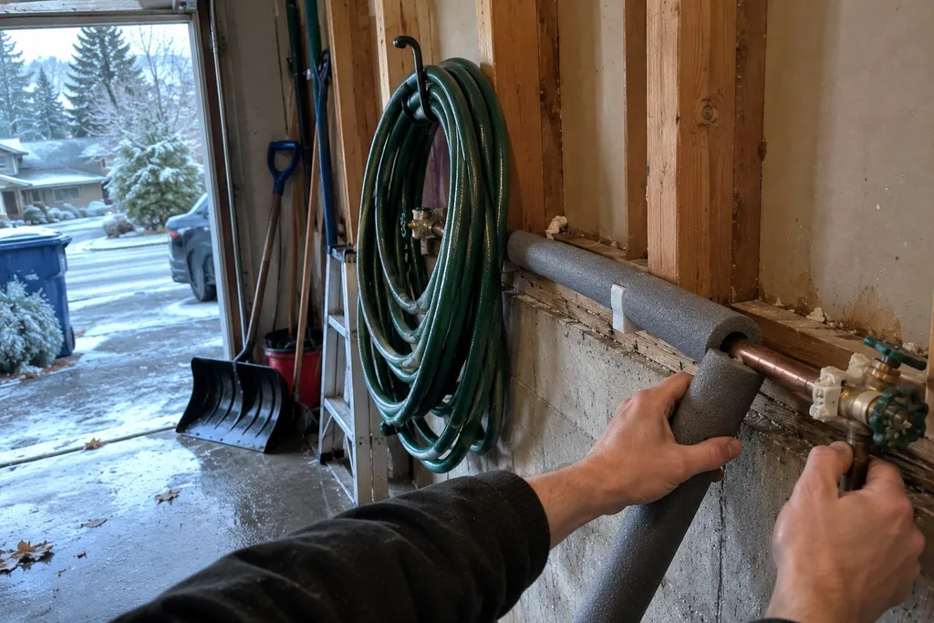 pipe-rerouting-not-needed Hands sliding foam pipe insulation onto a copper line in an unheated garage