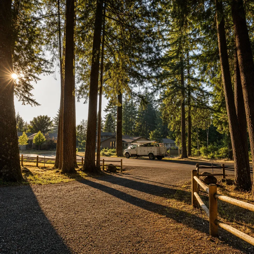 plumber-serving-latourette-park-community-sandy-oregon Plumbing truck passing Latourette Park entrance in Sandy, Oregon at golden hour