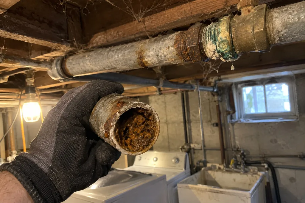 Cut section of rusted galvanized pipe nearly closed with scale from an older Troutdale home
