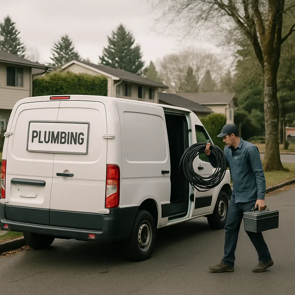 plumbing-van-sandy-bluff-park-neighborhood-street Plumbing van parked near Sandy Bluff Park before sewer repair call