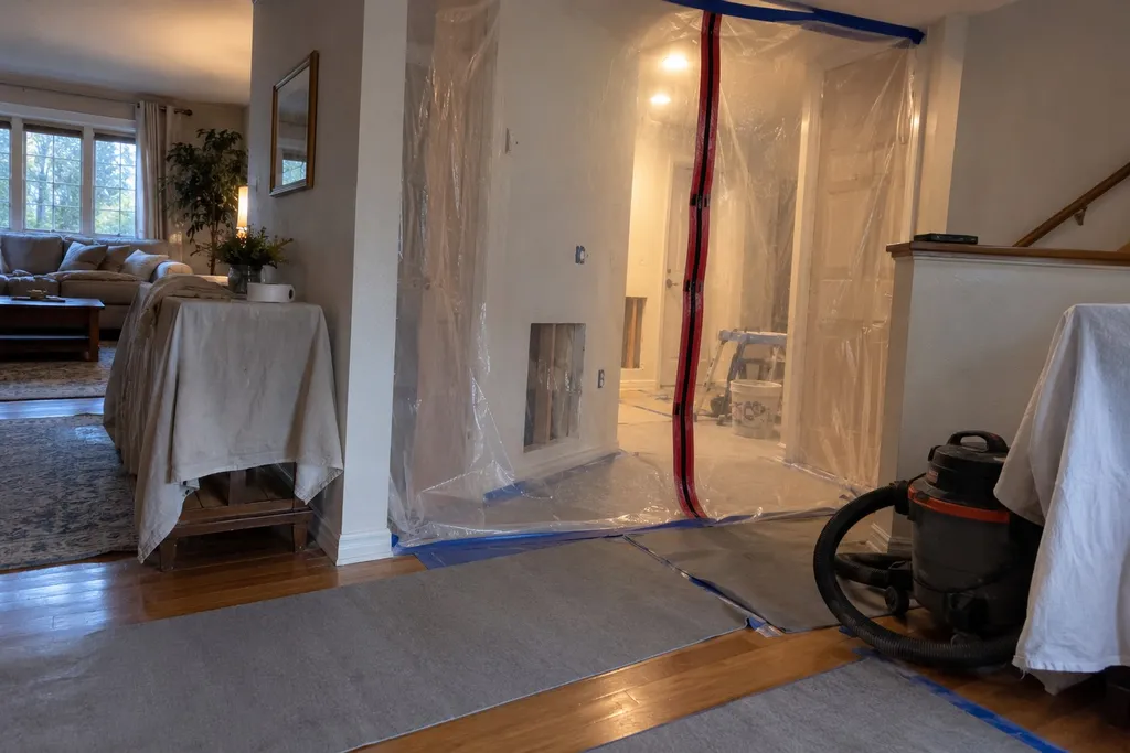 Plastic dust barrier and floor protection set up in a hallway during a repipe