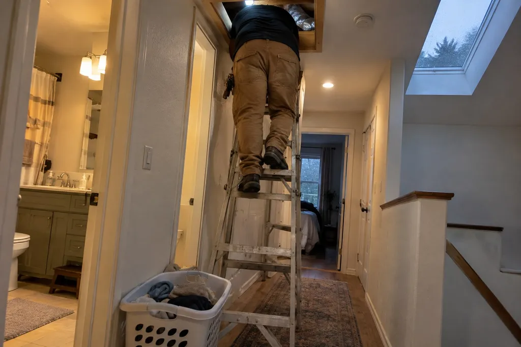 Plumber on a ladder at an attic hatch in a hallway during a repiping estimate