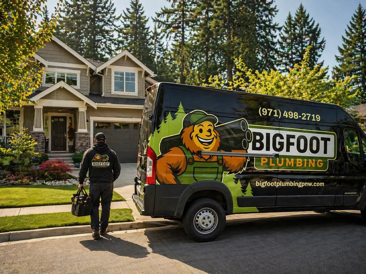 Bigfoot Plumbing technician carrying a tool bag to a customer's front door, branded service van parked at the curb