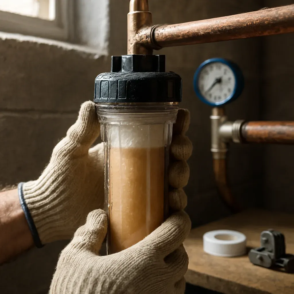 Close-up of sediment filter cartridge during water filtration installation in Sandy home