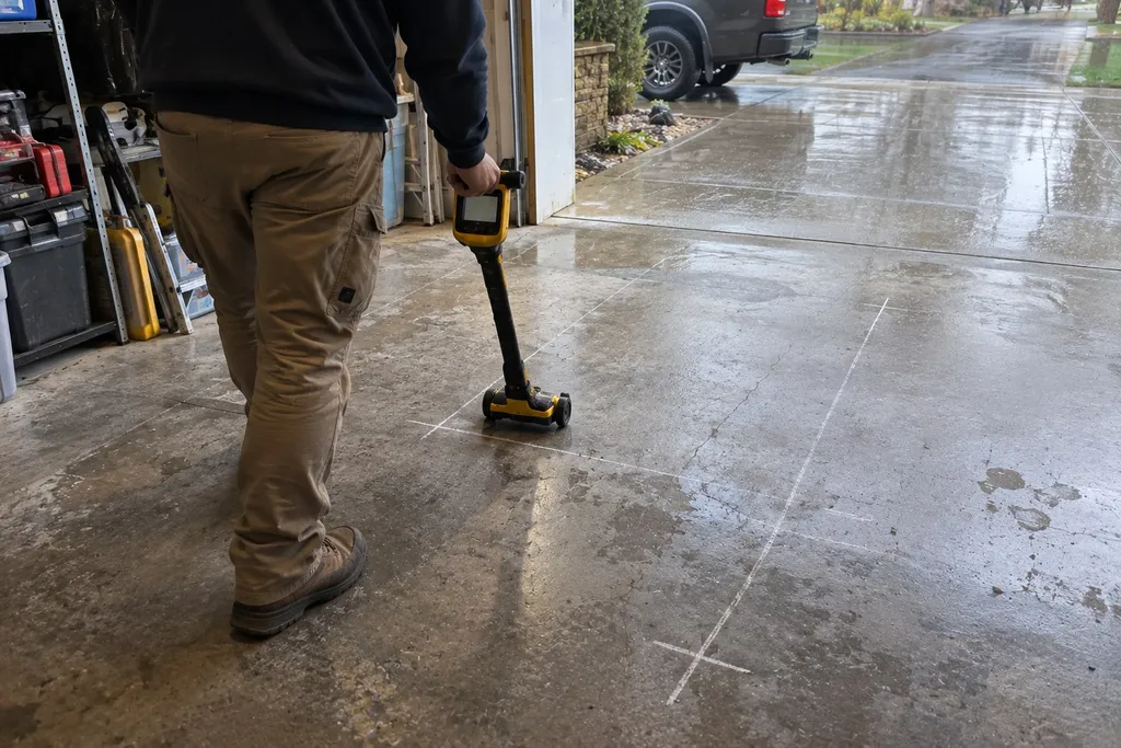 Plumber scanning a concrete floor with a locator before cutting for an under-slab repair