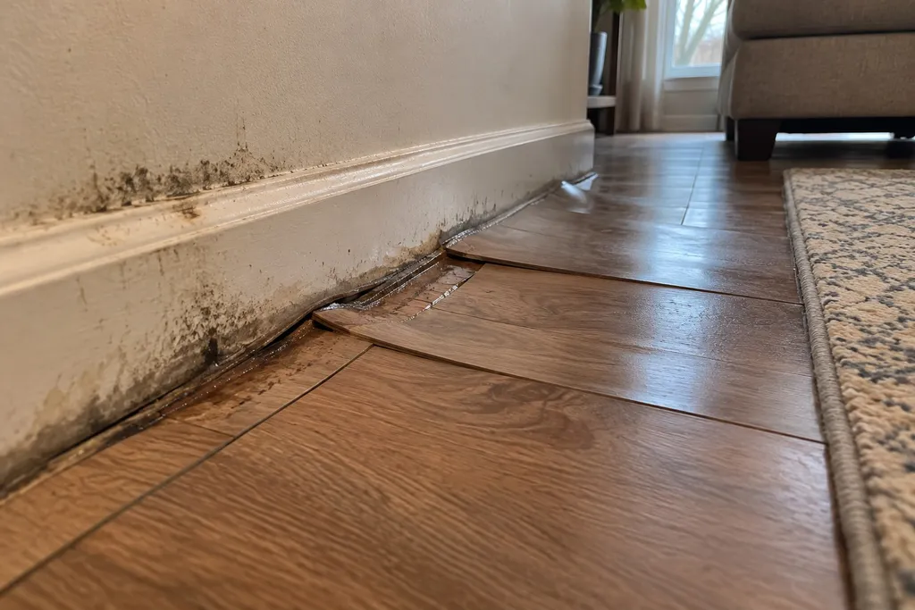 Cupped laminate flooring lifting near a baseboard from moisture below