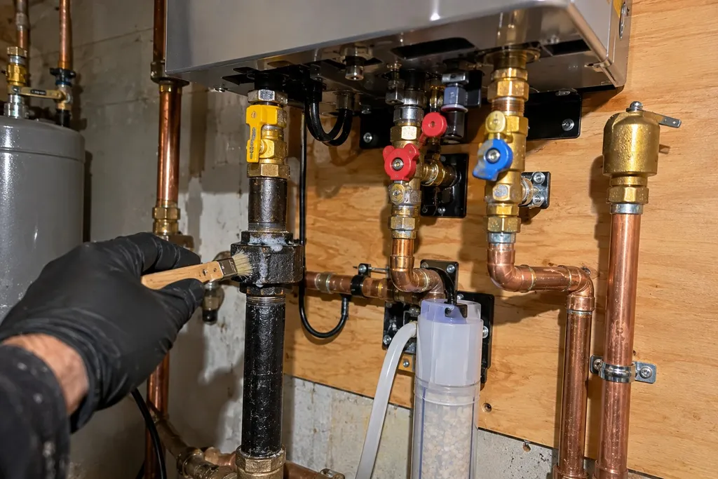 Soap bubbles on a gas fitting under a tankless water heater during leak testing