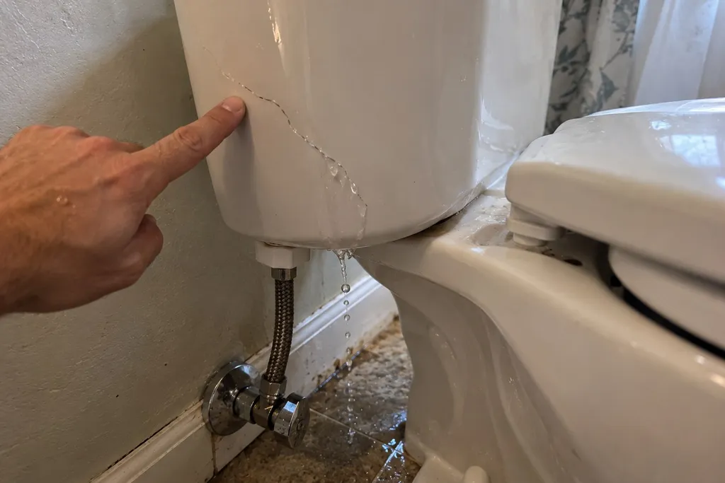 Hairline crack in a porcelain toilet tank with water seeping down the side