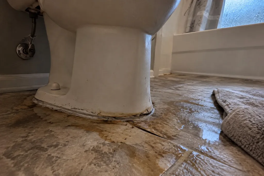 Water seeping from the base of a toilet onto a stained vinyl floor