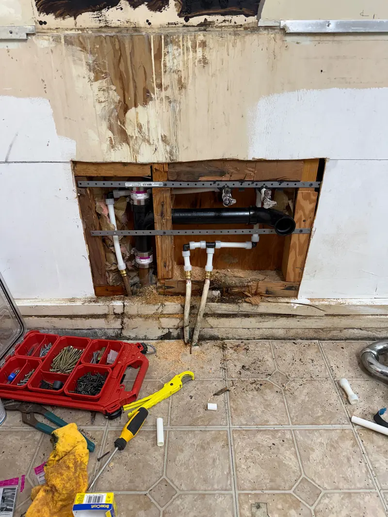 Washing machine valve box rough-in and water damage repair behind drywall in Gresham, Oregon — laundry plumbing by Bigfoot Plumbing