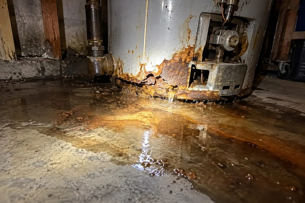 Rusted water heater tank bottom seeping water onto a concrete floor