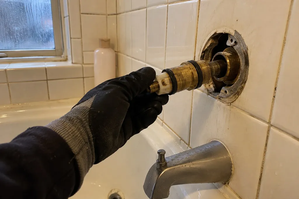 Gloved hand pulling a worn shower valve cartridge in a tiled shower