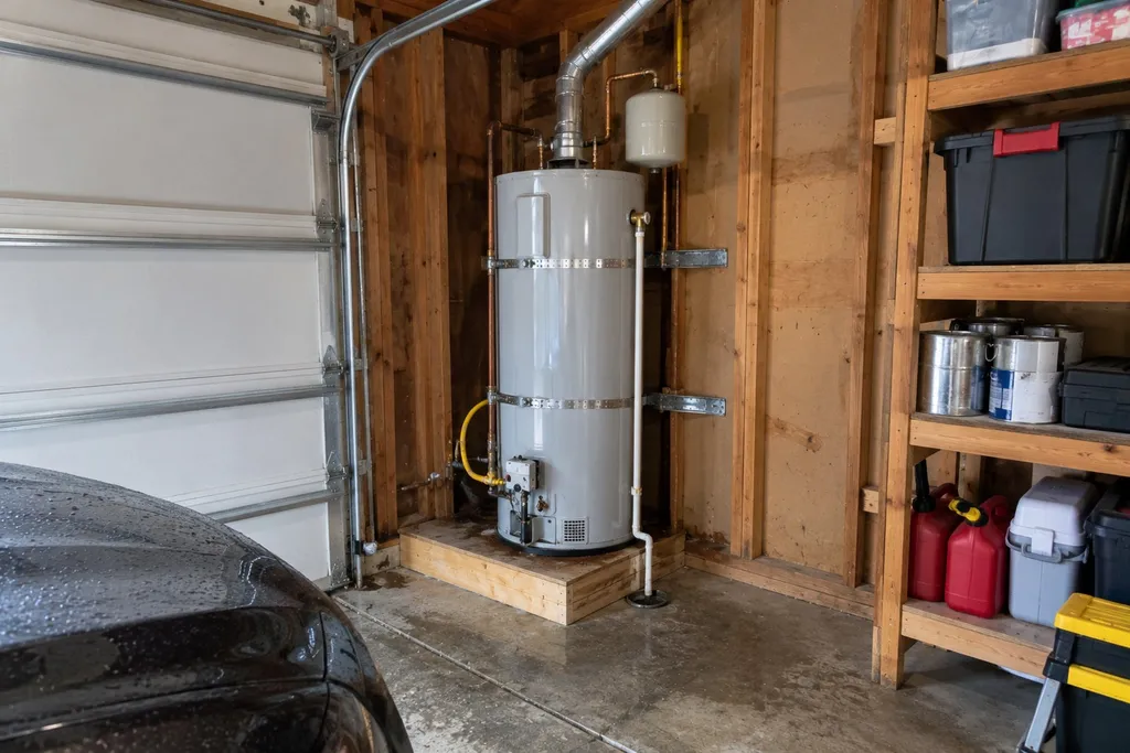 Gas water heater on a raised platform in a garage with clearances and seismic straps