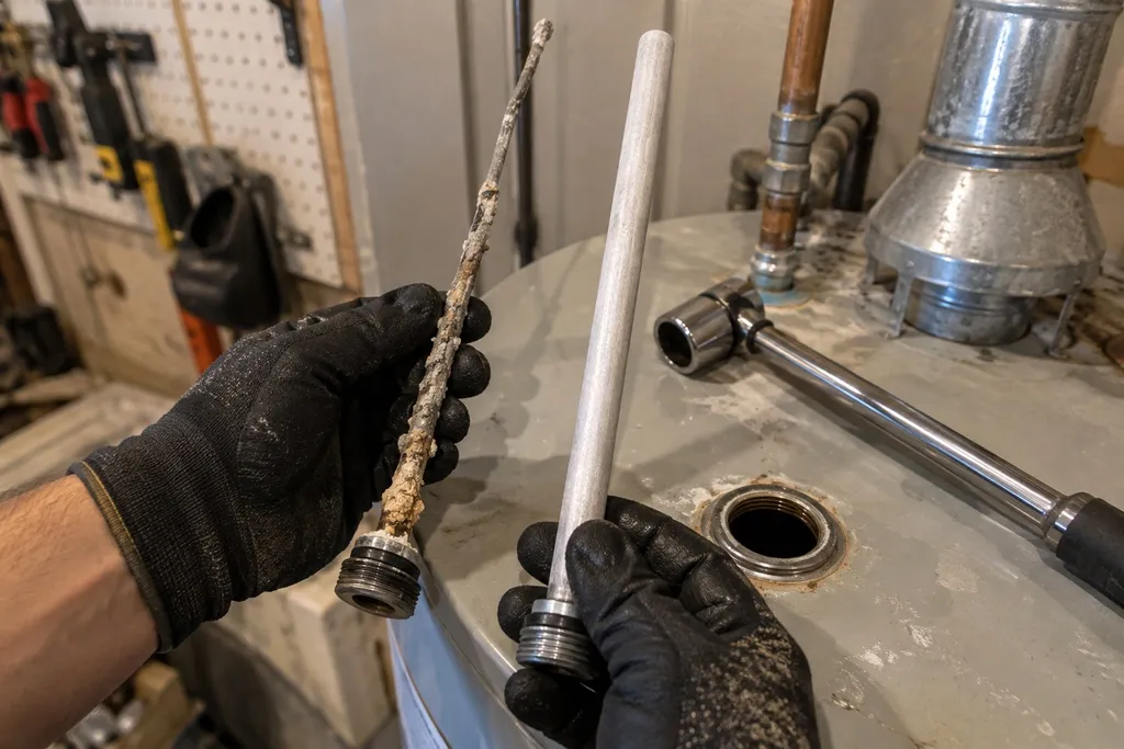 Corroded old anode rod held next to a new one above an open water heater