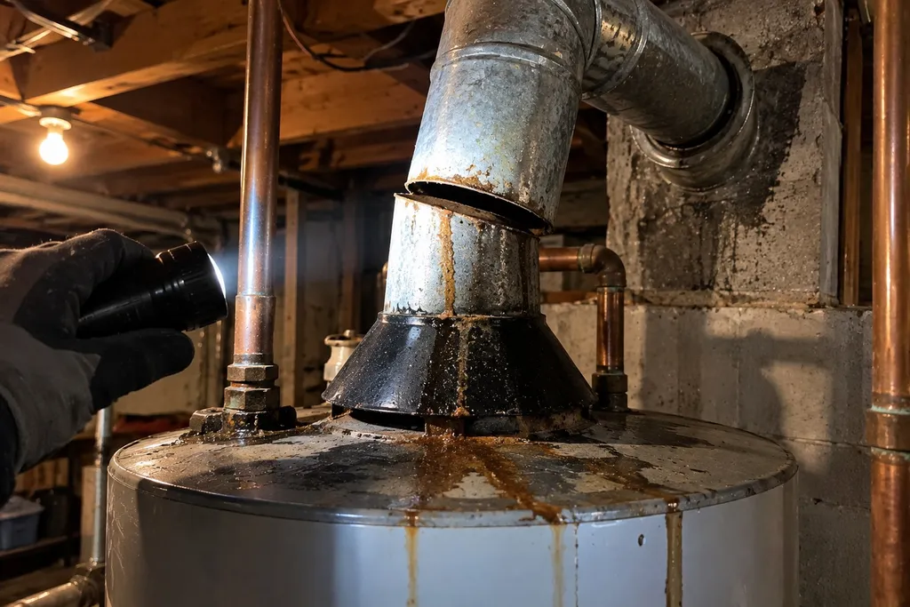 Soot-stained draft hood and loose vent pipe joint on top of a gas water heater