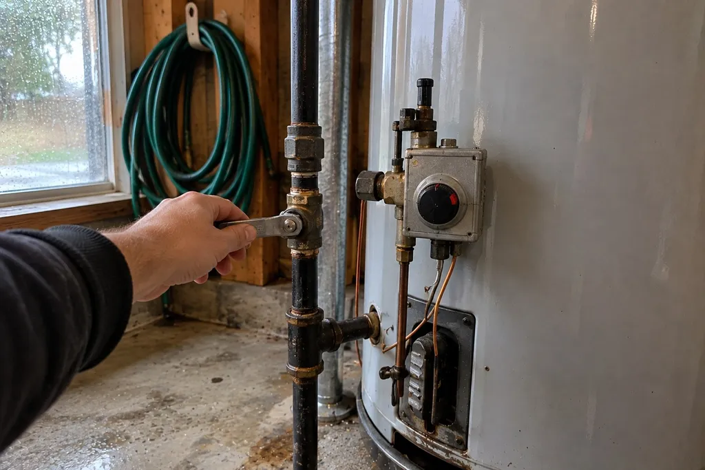 Homeowner's hand checking the gas shutoff handle and temperature dial on a gas water heater