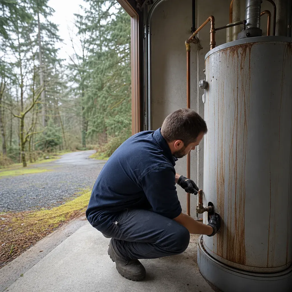 water-heater-replacement-sandy-oregon-latourette-park-home Plumber replacing mineral-stained water heater near Latourette Park in Sandy, Oregon home