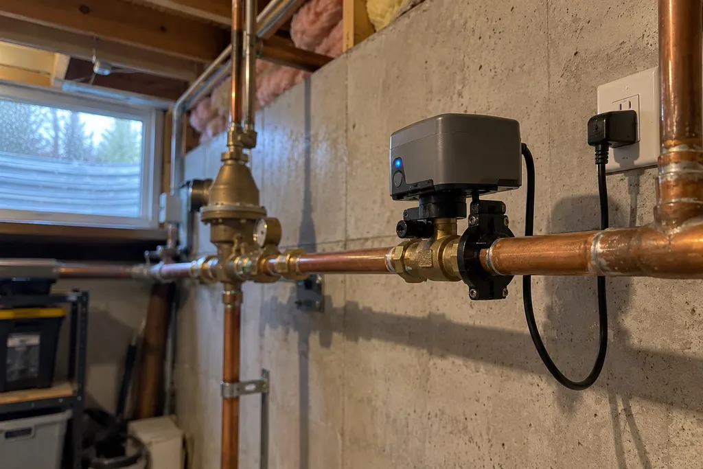 water-leak-sensor-installation-alert-or-auto-shutoff Motorized automatic shutoff valve mounted on a home's main water line