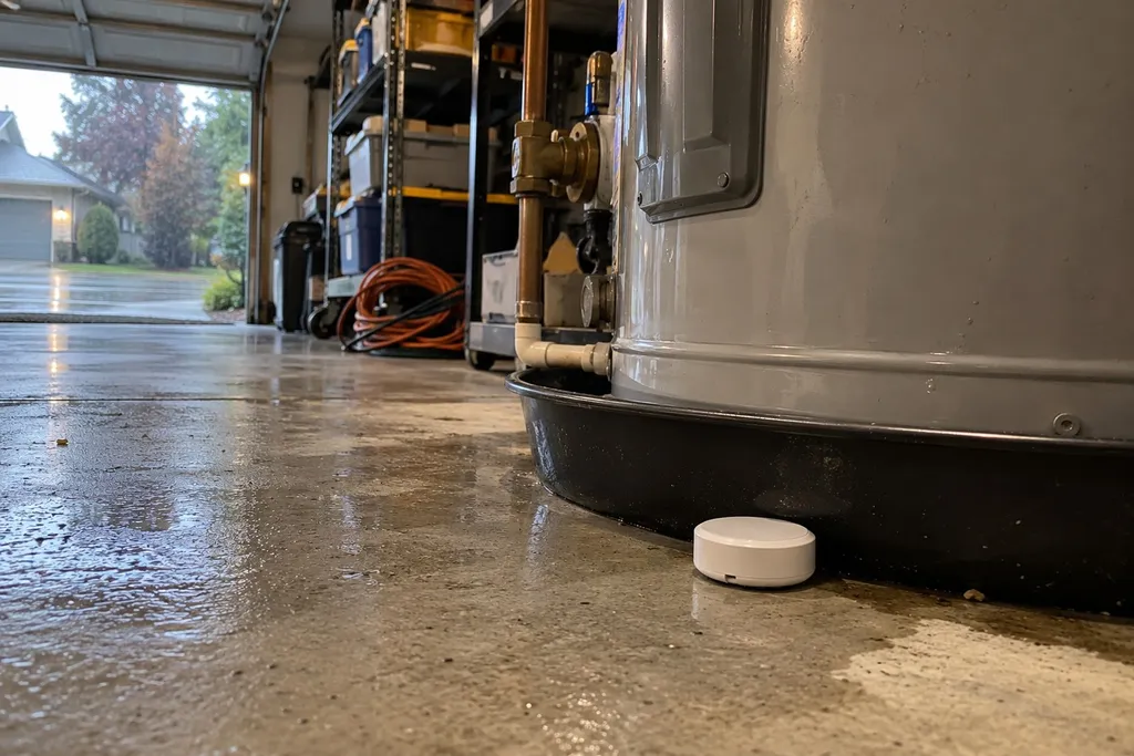 water-leak-sensor-installation-troutdale Water leak sensor on the floor beside a water heater in a Troutdale, Oregon garage