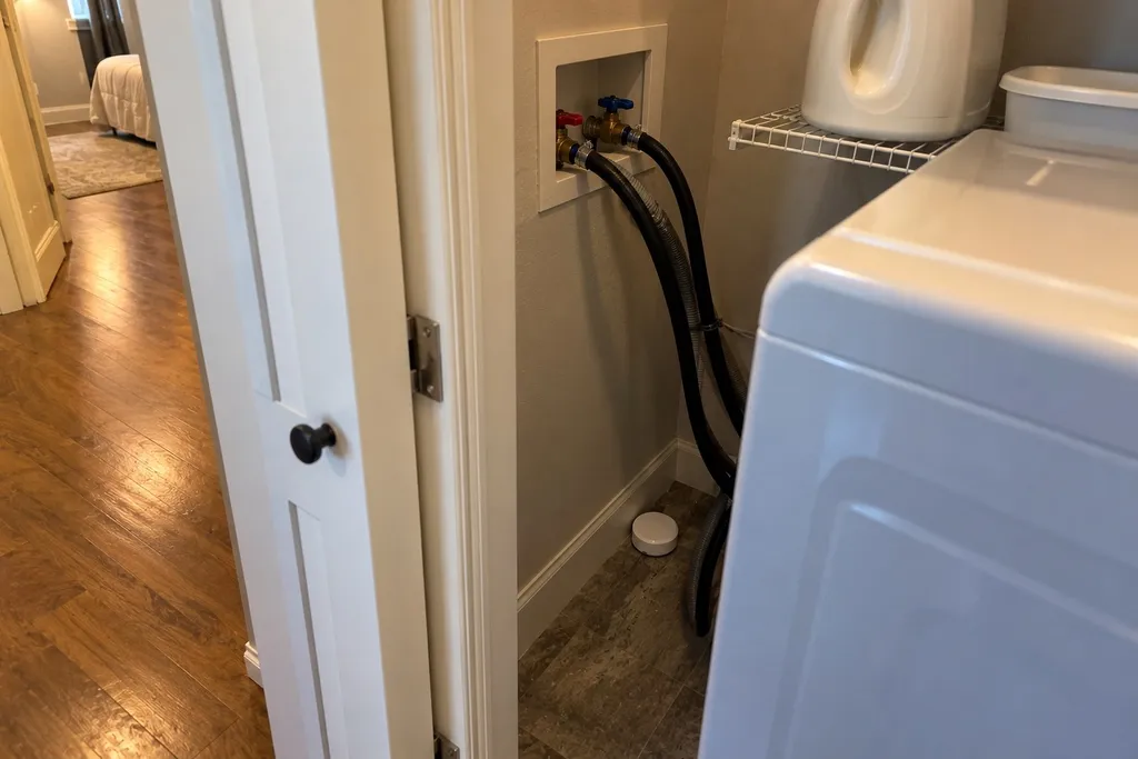 water-leak-sensor-installation-highest-risk-spots Leak sensor on the floor behind a washing machine in an upstairs laundry closet
