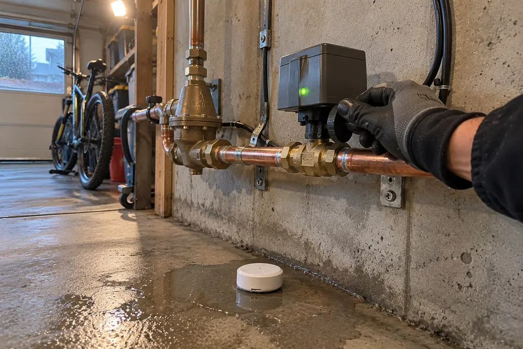 water-leak-sensor-installation-install-and-testing Gloved hand turning the manual override on a new automatic water shutoff valve during testing