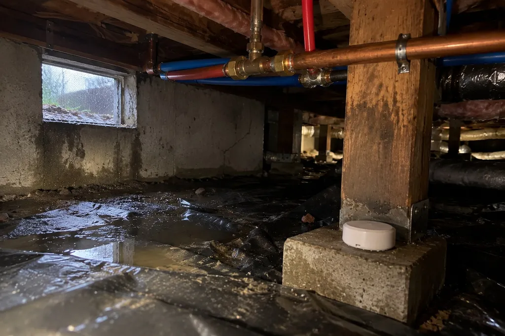 water-leak-sensor-installation-wet-season-risk Leak sensor raised under pipes in a damp crawlspace with rainwater seepage