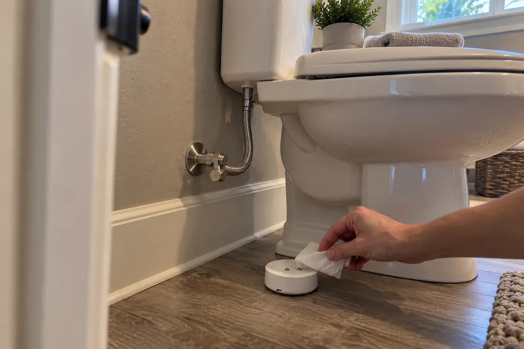 water-leak-sensor-installation-when-diy-is-enough Hand testing a battery leak sensor with a damp paper towel beside a toilet