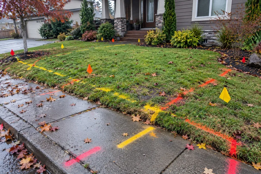 Utility locate paint marks and colored flags on a lawn before digging