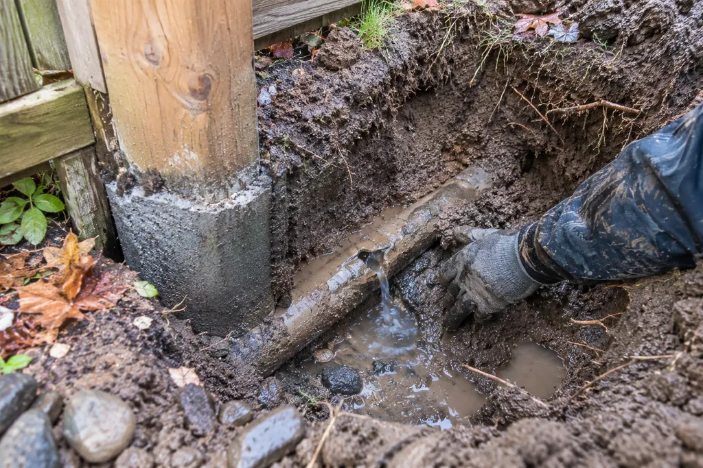 Gouged water line beside a fence post in an open trench